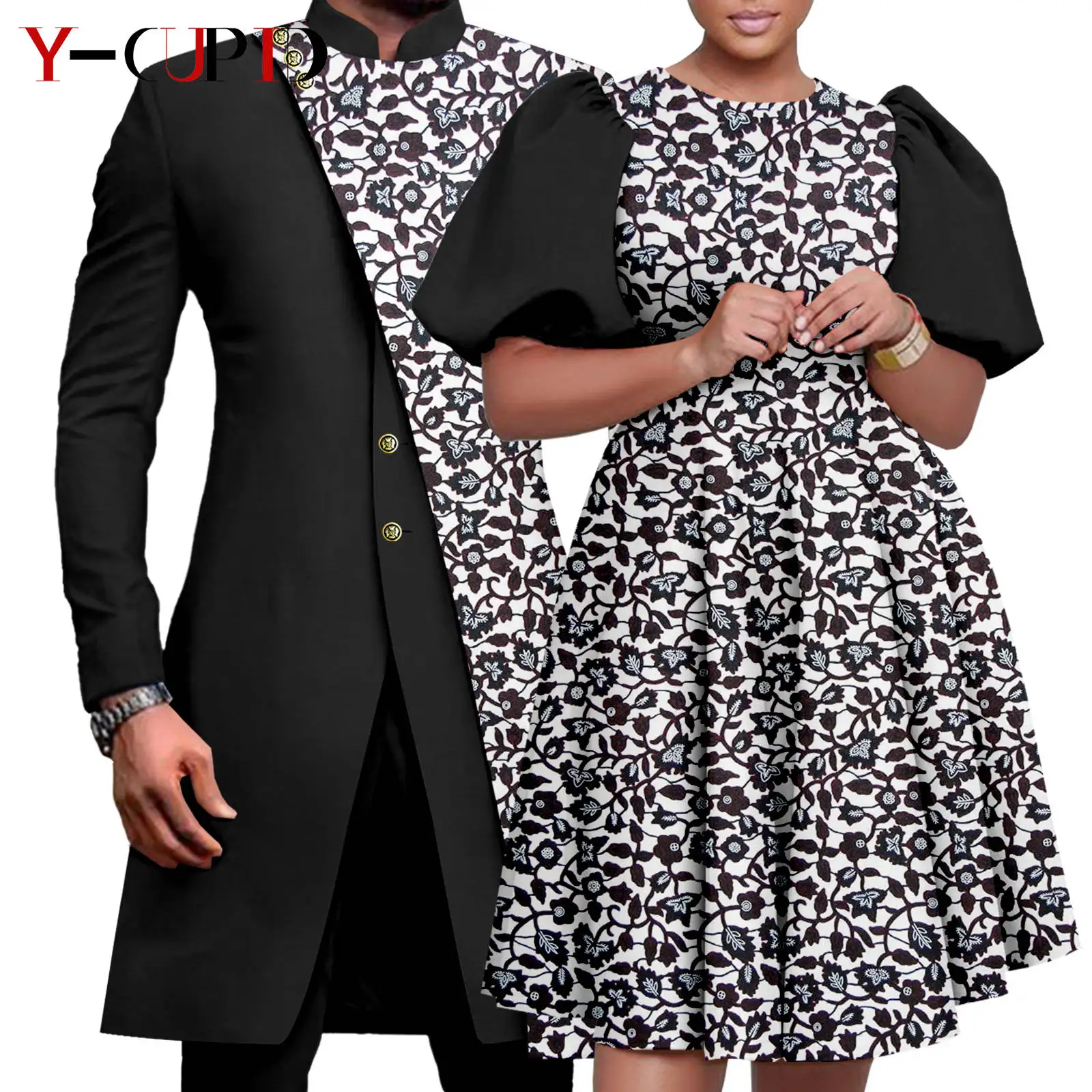 Top Trends: African Couple Matching Clothes Dashiki Women Print Dresses Bazin Riche Men 2 Pieces Suit Patchwork Jacket And Pant Sets Y23C076 Shoppable Styles