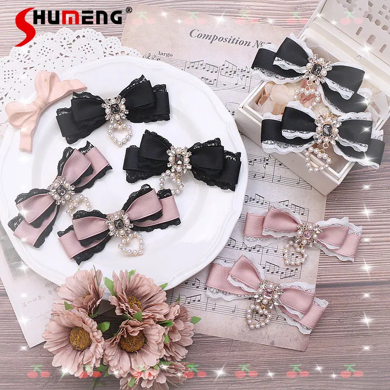 Top Trends: Japanese Style Sweet Handmade Barrettes Woman Rice Noodles Cute Rhinestone Love Pendant Lace A Pair Of Lace Barrettes For Girl Shoppable Styles