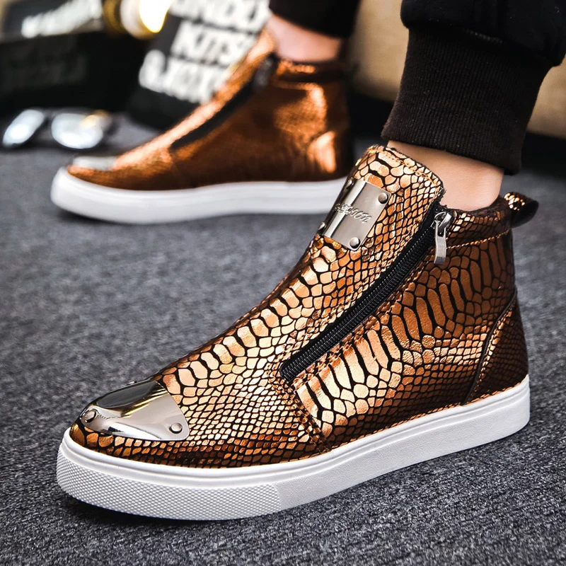 Top Trends: Bright Leather Golden Skateboard Shoes Man Non-slip Wear Resistance Men's Flat Sneakers Slip-on Crocodile High Top Sneakers Men Shoppable Styles