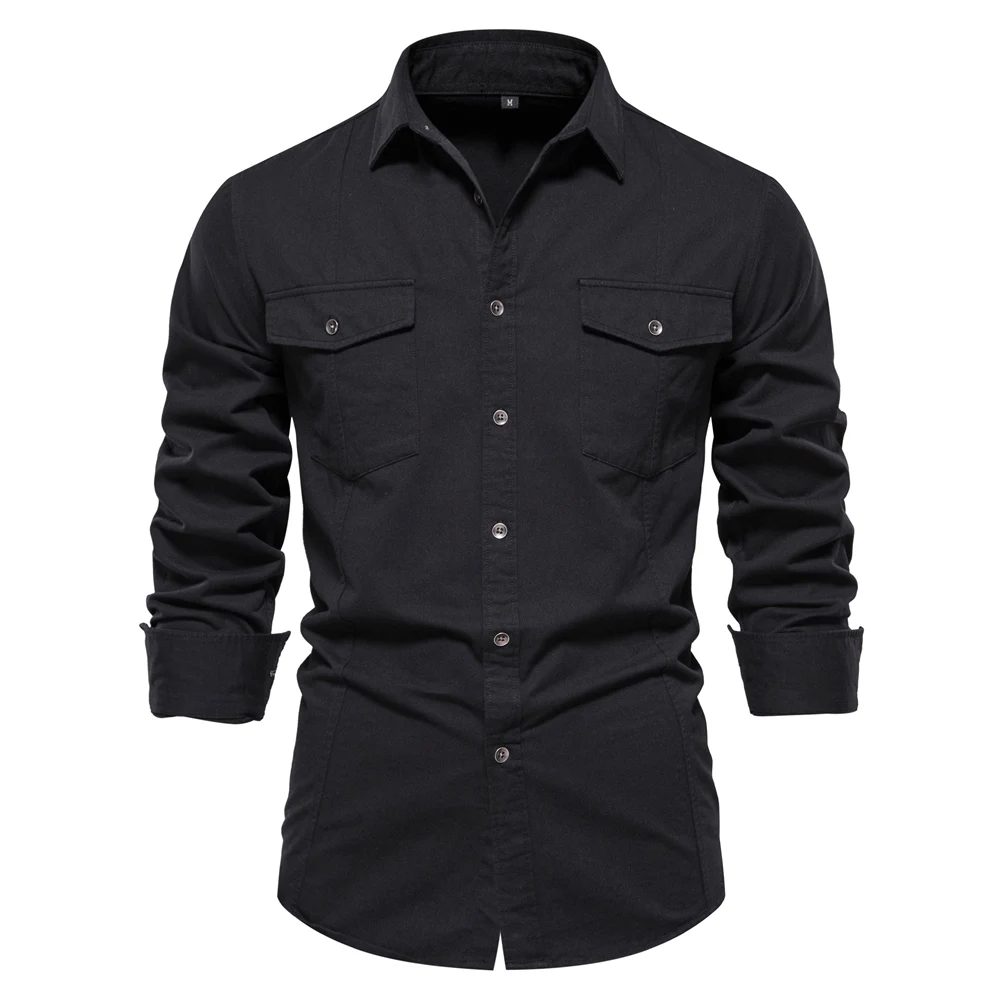 Top Trends: New Autumn 100% Cotton Pocket Shirts Men Solid Color Long Sleeve Slim Casual Blouse High Quality Clothing Cargo Shirt For Men Shoppable Styles - Image 3