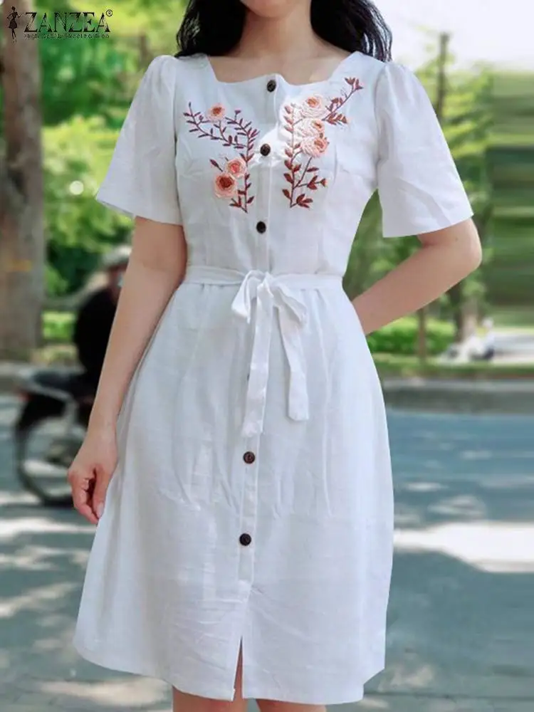 Top Trends: ZANZEA Summer Cotton Knee-length Dress Women Casual Embroidery Flowers Dresses Loose Tie Waist Vestidos Square Neck White Robes Shoppable Styles