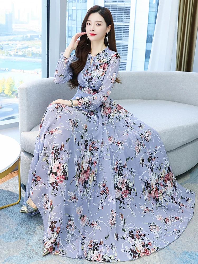 Top Trends: Blue Floral Vintage Chiffon Long Sleeve Dress Spring Autumn 2023 Womens Fashion Prom Maxi O-Neck Bodycon Evening Midi Dresses Shoppable Styles