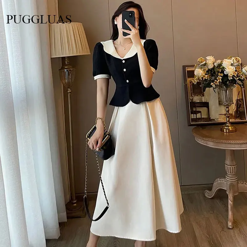 Top Trends: Summer Elegant Women Skirt Sets Retro Office Lady Outifits Puff Sleeve Black Top A Line Skirts Korean Fashion Sweet Hepburn Suit Shoppable Styles