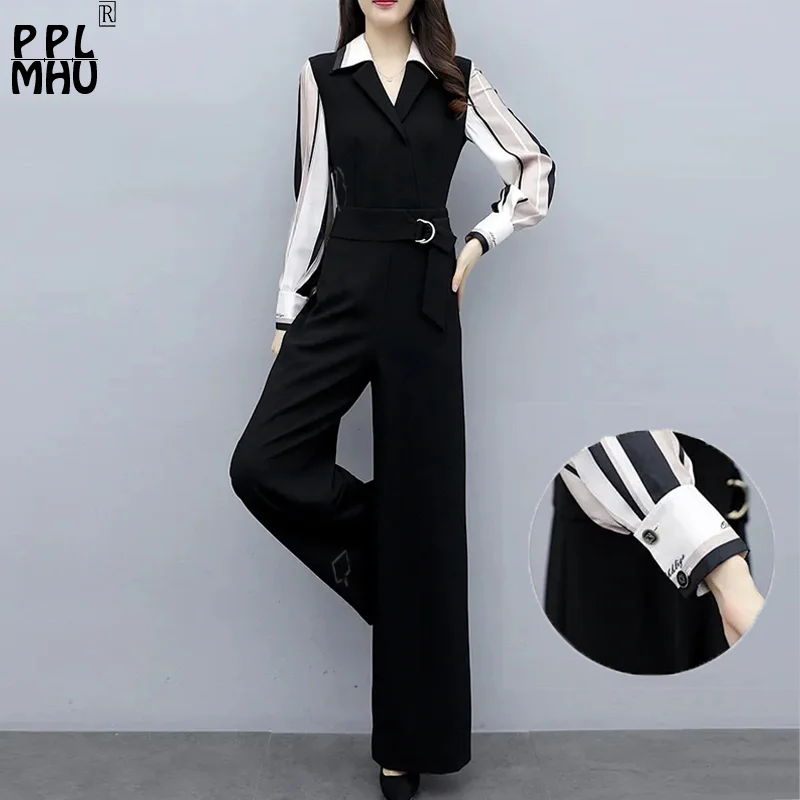 Top Trends: Elegant Slim High Waist Wide Leg Jumpsuits Women Korean Fashion Long Sleeve Fake Two Pieces Sets Office Lady One Piece Pants Shoppable Styles