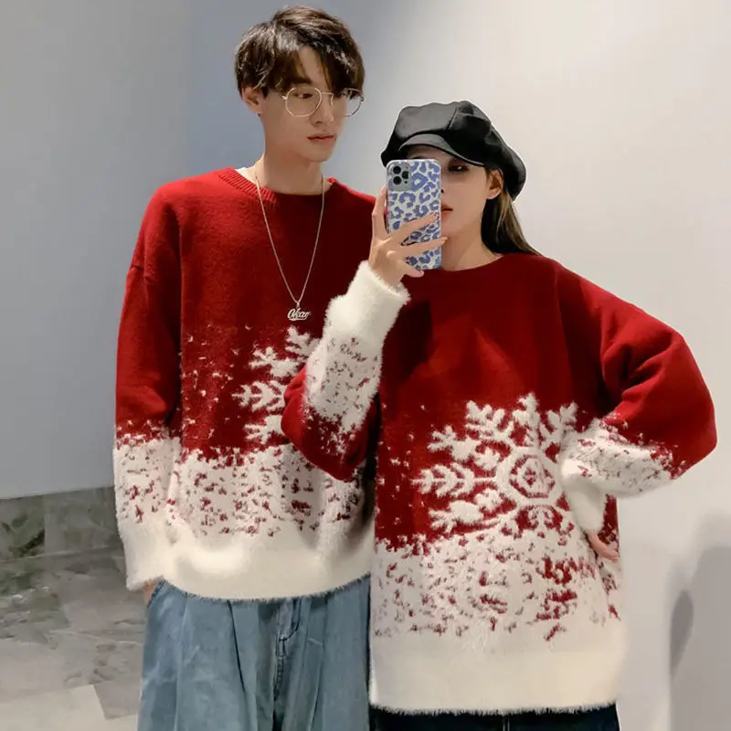 Top Trends: 2023 New Round Neck Red Couple Christmas Sweater Soft Thick Snowflake Pattern Ins Vintage Loose Pullovers Men's Winter Sweater Shoppable Styles