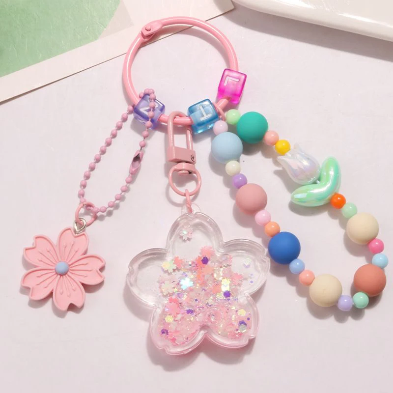 Top Trends: Sweet Pink Flower Keychains With Beaded Chain Korean Ins Style Girls Keyrings Bag Pendant Cute Mobile Phone Chain Accessories Shoppable Styles