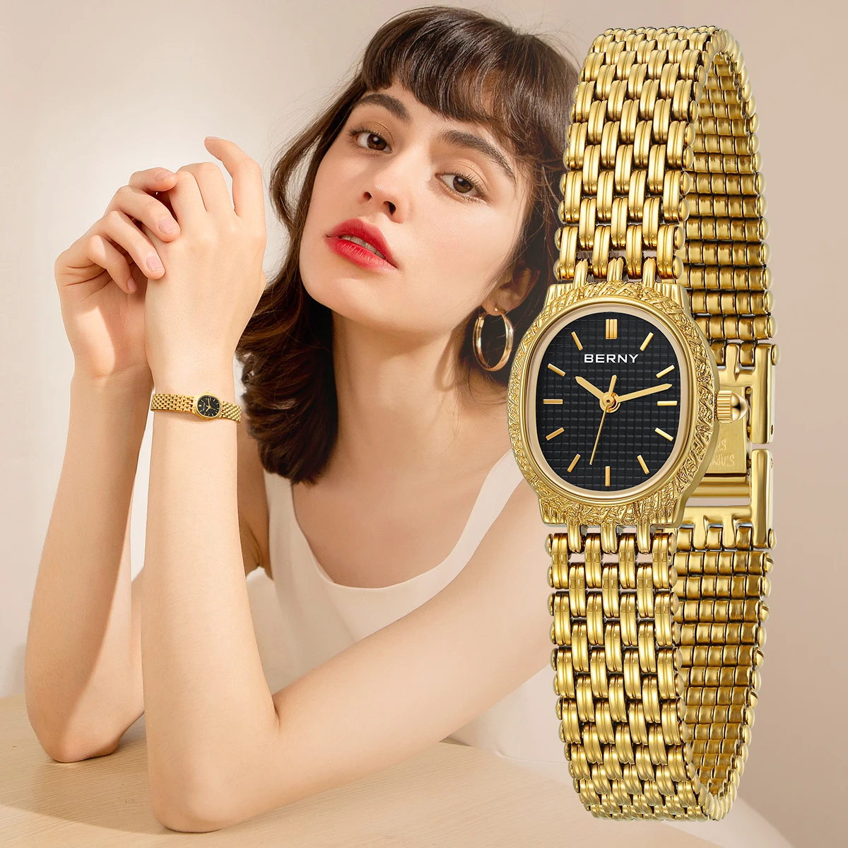 Top Trends: BERNY Women Quartz Watch Gold Stainless Steel Strap Luxury Elliptical Wristwatch Waterproof Simple Retro Dress Watch For Women Shoppable Styles