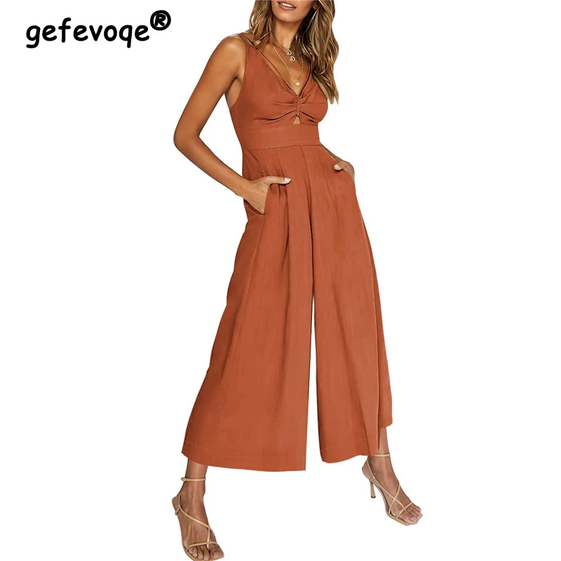 Top Trends: Women Sexy Backless V Neck Hollow Sleeveless Elegant Wide Leg Jumpsuit 2023 Summer Fashion Solid Slim Pockets High Waist Rompers Shoppable Styles