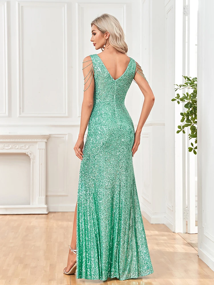 Top Trends: Lucyinlove Elegant Deep V-Neck Green Sequin Evening Dress Long 2024 Luxury Women Wedding Party Dress Beading Split Cocktail Prom Shoppable Styles - Image 2