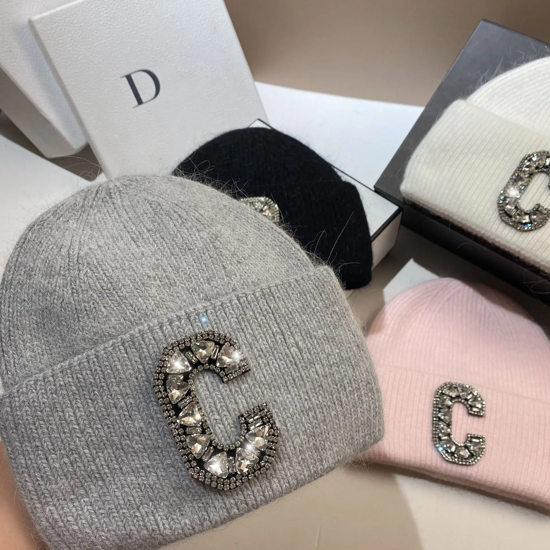 Top Trends: Luxury Rhinestone Letter C Knitted Hat Real Rabbit Fur Women Men Winter Warm Beanie Ear Protection Sking Skullies Beanies Cap Shoppable Styles