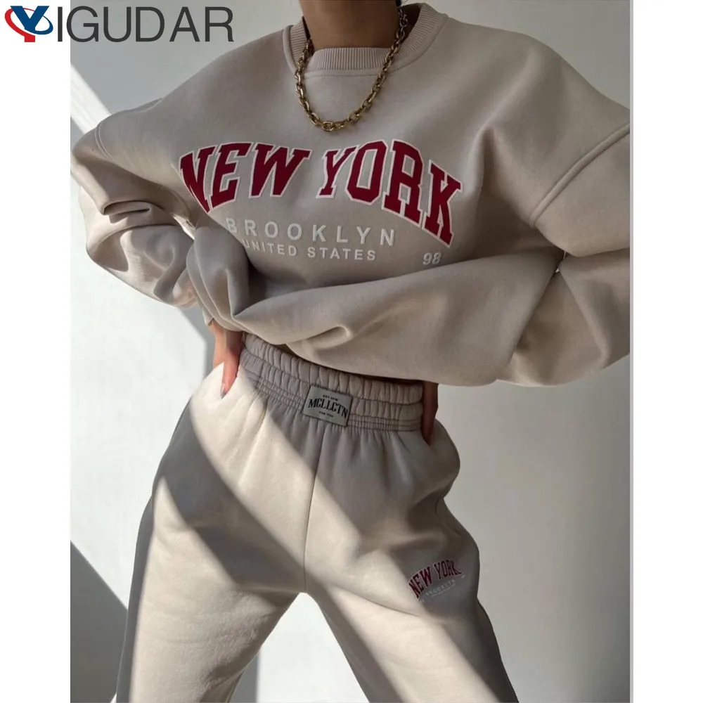 Top Trends: 2023 Winter Women's Casual Fashion Letter Printing Thickened Two-piece Suit Plus Fleece Long-sleeved Sweater And Trousers Suit Shoppable Styles