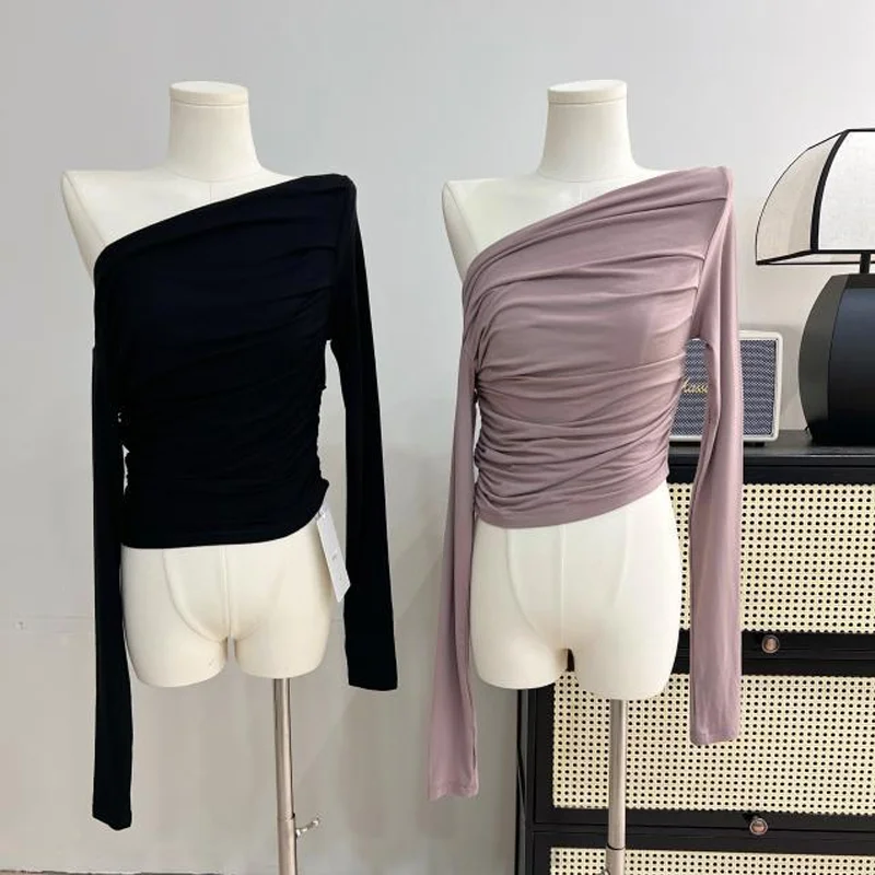 Top Trends: BEENLE Spice Girl Style Collarbone Killer Asymmetrical Top Diagonal Neck Knitted Shirt Thin Woman Long-sleeved T-shirt Shoppable Styles