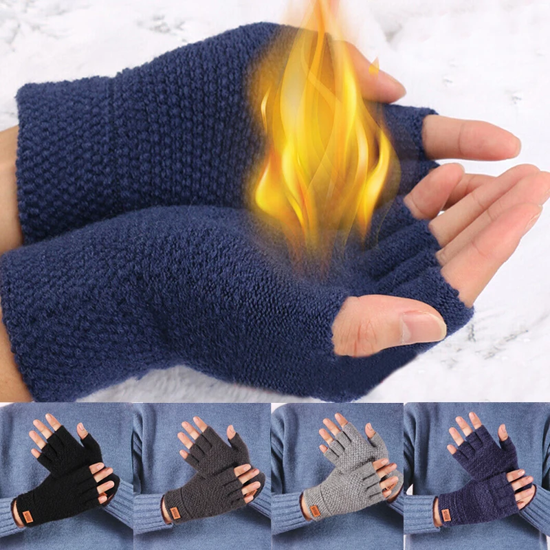 Top Trends: New Men Winter Wool Fingerless Gloves Half Finger Writting Office Knitted Alpaca Warm Leather Label Outdoor Thick Driving Gloves Shoppable Styles