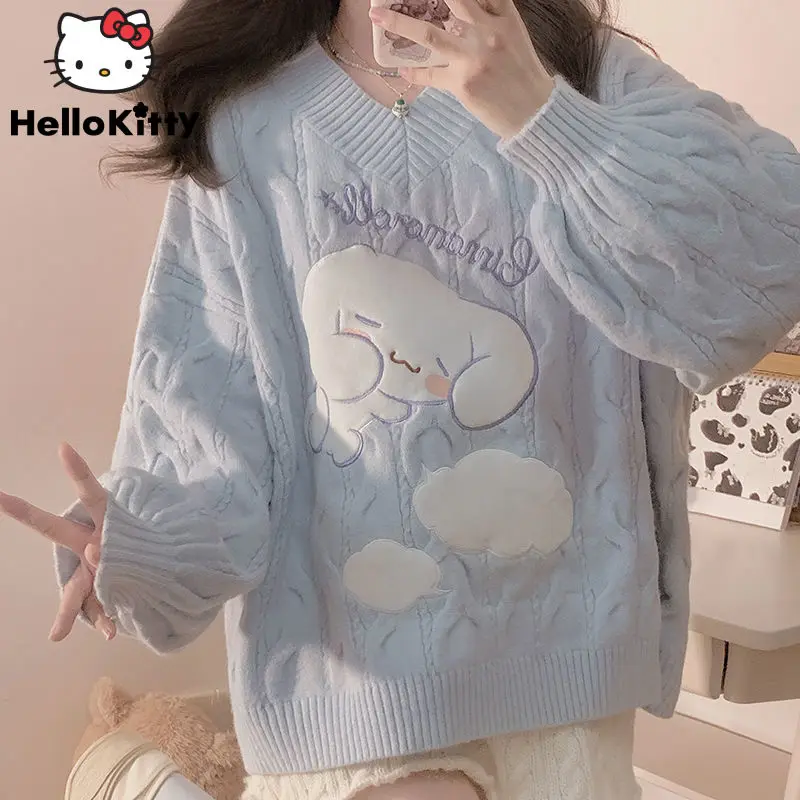 Top Trends: Sanrio Cinnamoroll Kawaii Top Women&#039;s Sweater Mardi Print Knit Women Sweater V-neck Women&#039;s Clothing Loose College Cute Sweet Shoppable Styles