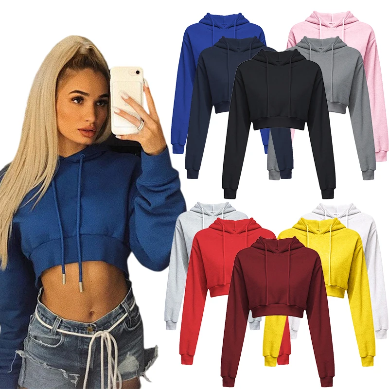 Top Trends: Women's Brand Solid Color Short Hooded Sweatshirt Spring Autumn Winter Cotton Pullover Navel Exposed Sweater (S-2XL) Shoppable Styles