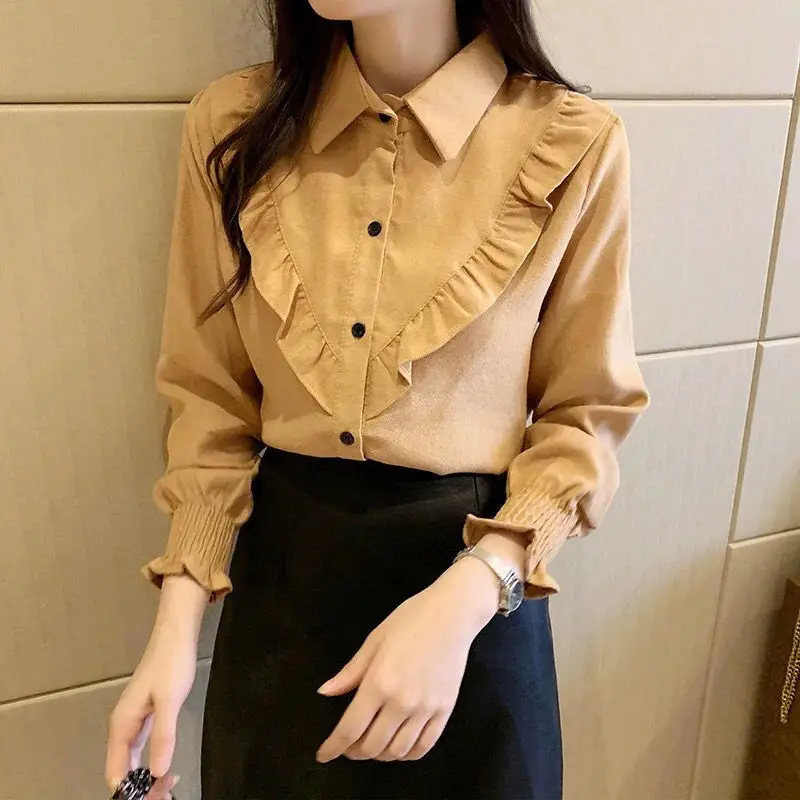 Top Trends: Solid Thin Sweet Blouses Ruffles Patchwork Button Turn-down Collar Pleated Vintage Temperament Autumn Winter Women's Clothing Shoppable Styles - Image 2