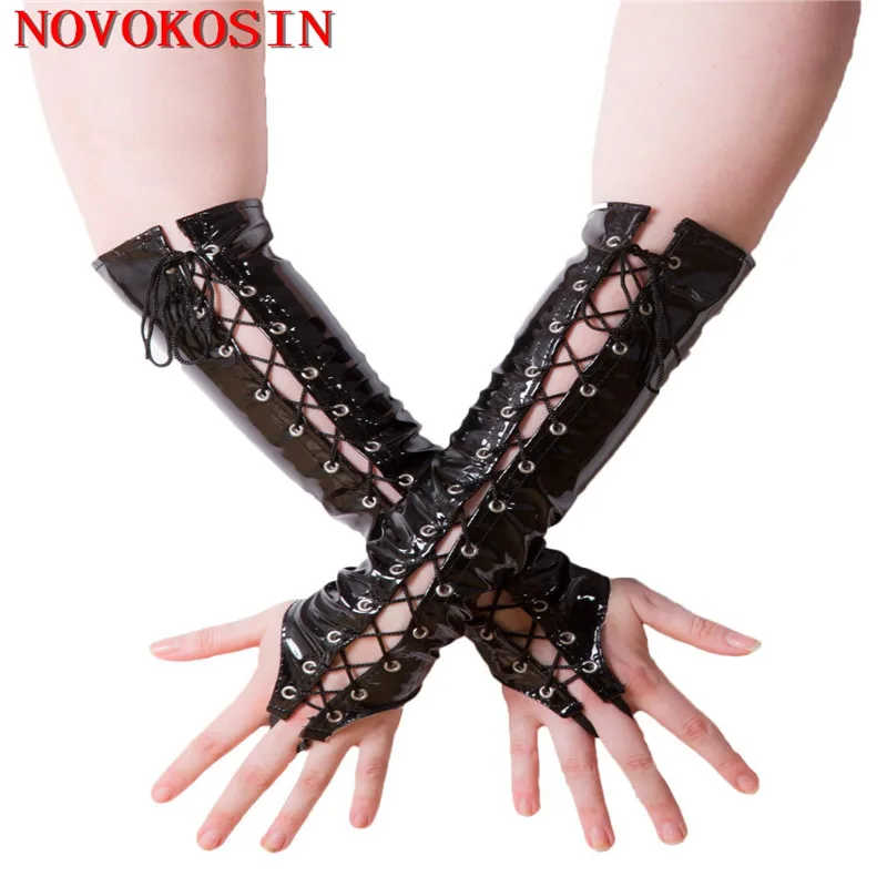 Top Trends: Wet Look Long Black Red PVC Women Hang Finger Bandage Gloves Ladies Faux Leather Lacing Adjust Gloves Night Club Sexy Costumes Shoppable Styles