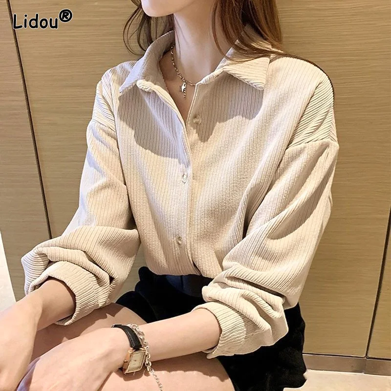 Top Trends: Autumn Winter Thin Corduroy Solid Loose Straight Button Turn-down Collar Casual Blouses Drop Sleeves Women's Clothing Dignified Shoppable Styles