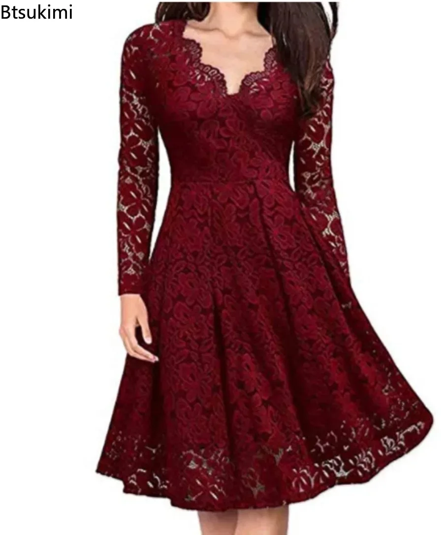 Top Trends: 2024 Women&#039;s Elegant Lace Dress For Party Evening Club Vintage Long Sleeve V Neck Solid Bridesmaid Dress Slim Mini Dress Female Shoppable Styles