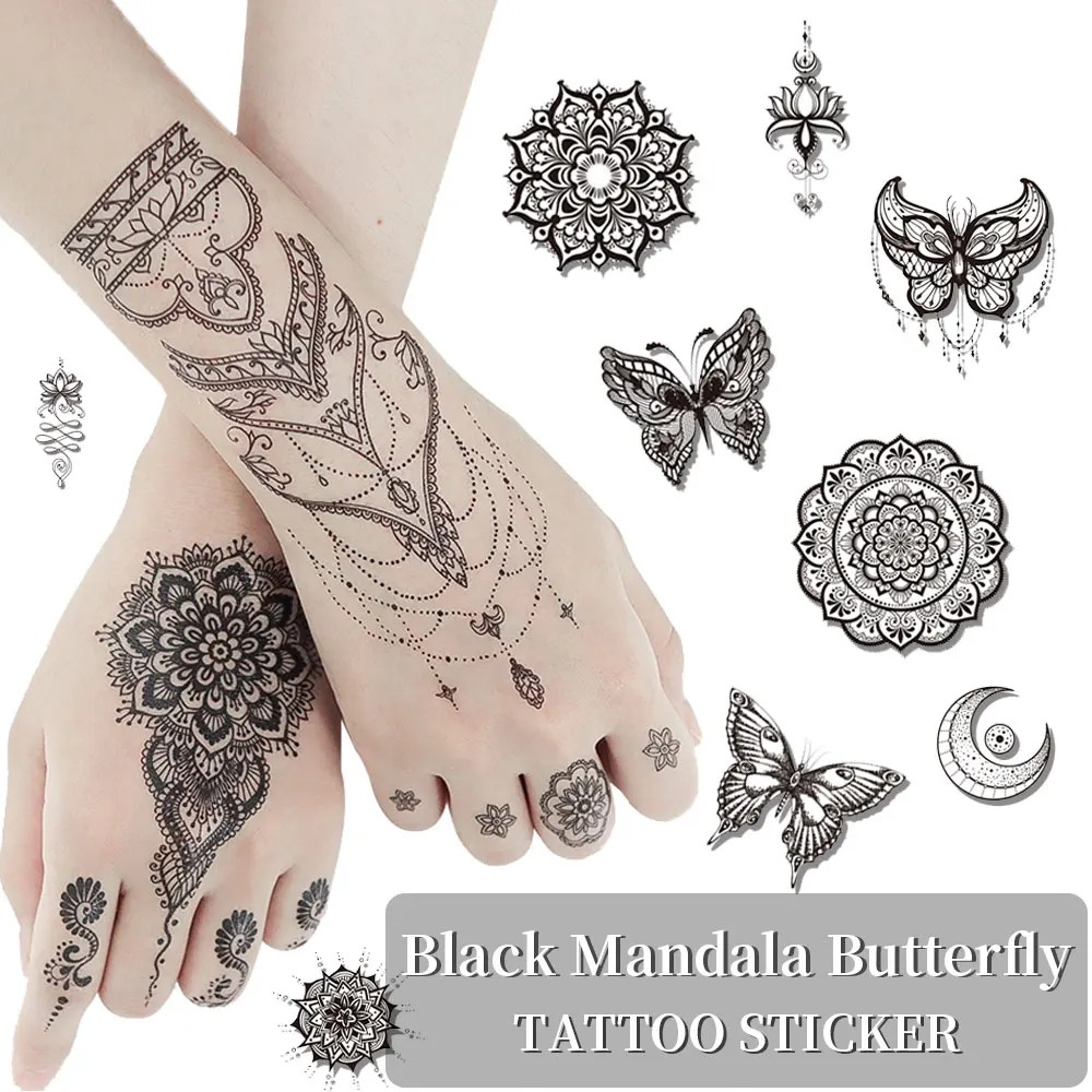 Top Trends: Waterproof Henna Tattoo Black Mandala Stickers For Hand Fake Tattoo For Women Body Art Temporary Hena Design Mehndi Stickers Shoppable Styles