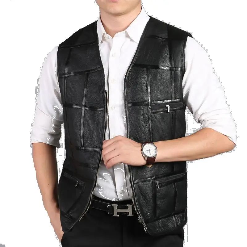 Top Trends: Leather Biker Vest Men's Suit Leather Waistcoat Winter Sheepskin Vests Genuine Leather Patchwork Tops Plus Size Men Clothing Shoppable Styles - Image 2