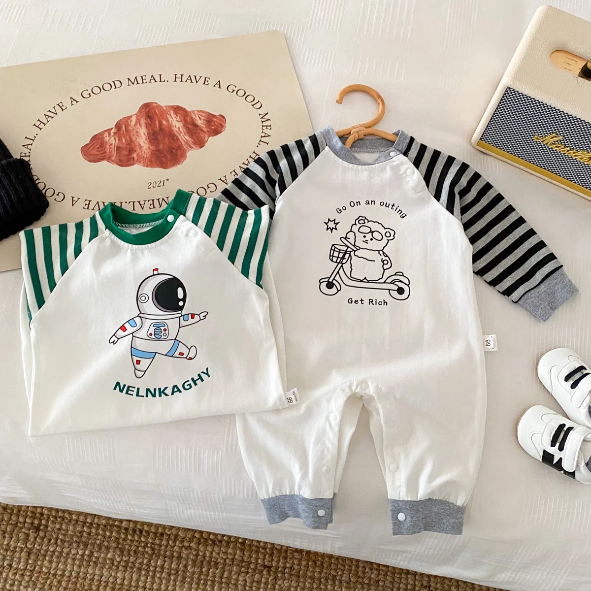 Top Trends: 2023 Baby Autumn Clothes Newborn Baby Boys Striped Patchwork Cartoon Astronaut Print Jumpsuit Toddler Kids Cotton Romper New Shoppable Styles