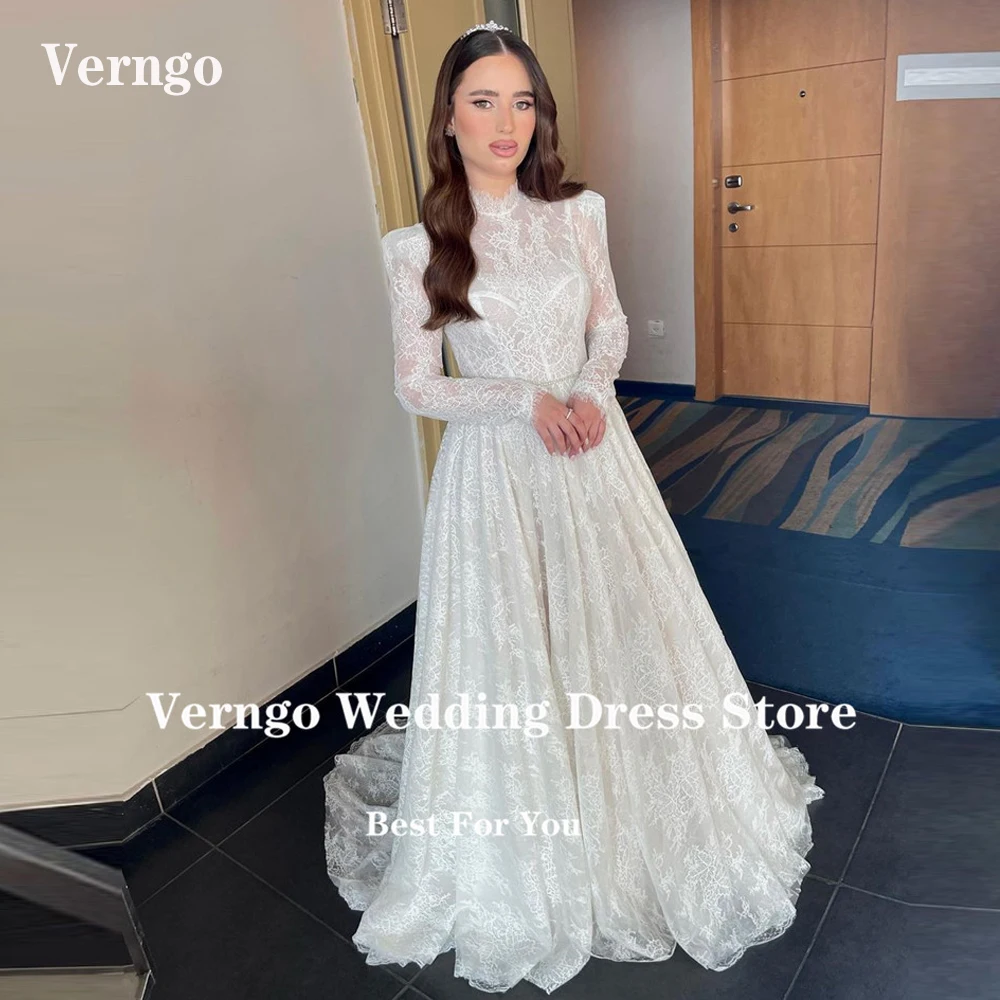 Top Trends: Verngo Modest High Neck Lace A Line Wedding Dresses Long Sleeves Boho Sweep Train Princess Bridal Gowns Vintage Robe De Mariage Shoppable Styles