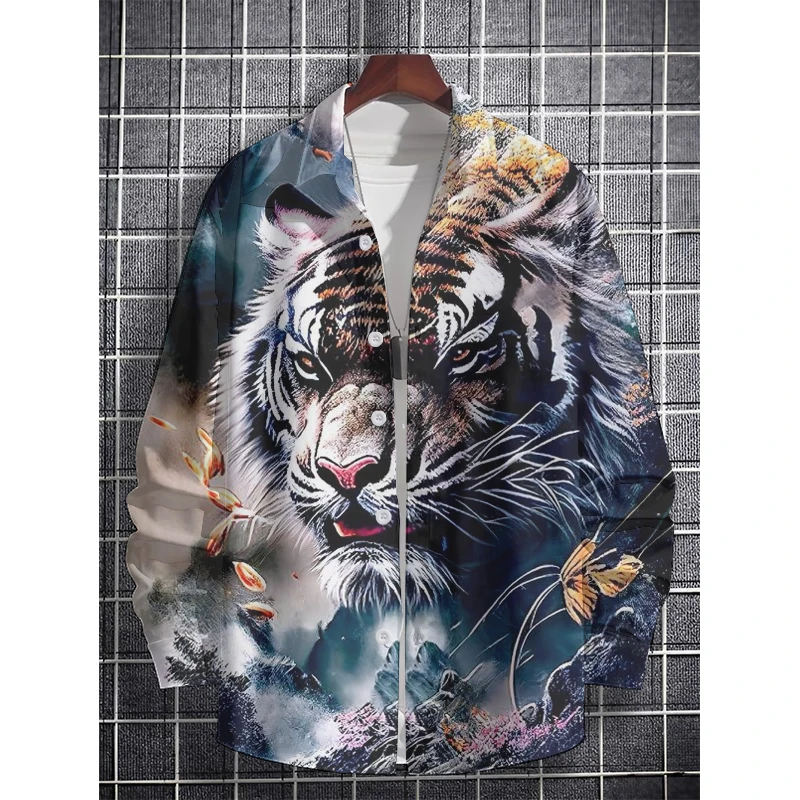 Top Trends: Lapel Men's Tiger Shirt Novelty HD Printing Long Sleeve Shirt Summer Fashion Casual Spring Sports Outdoor Light Comfortable Shoppable Styles