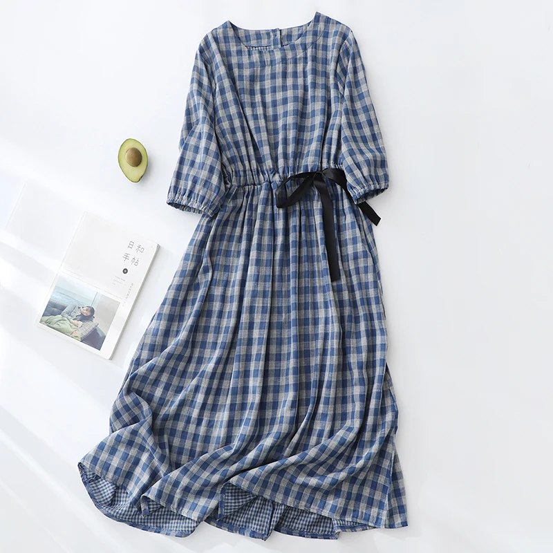 Top Trends: Cotton Linen Bohemian Women Dresses 2023 New Summer Puff Sleeve Holiday Beach Dress Elegant Plaid Bowtie Sundress Vestidos Shoppable Styles