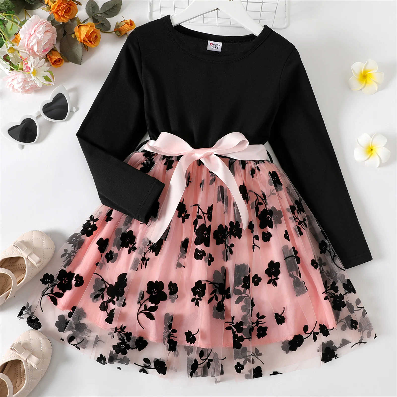 Top Trends: PatPat Kid Girl Dresses Floral Embroidered Belted Mesh Splice Long-sleeve Dress Kids Clothes Shoppable Styles - Image 3