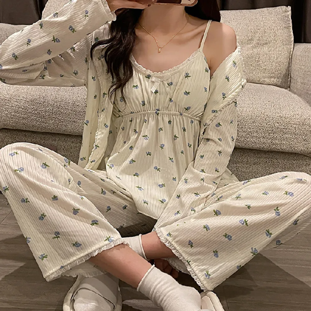 Top Trends: Fdfklak New Ladies Pajamas Set 3Pcs Cardigan+ Camisole+ Pants Cotton Femme Sleepwear Spring Autumn Comfort Loose Homewear Shoppable Styles