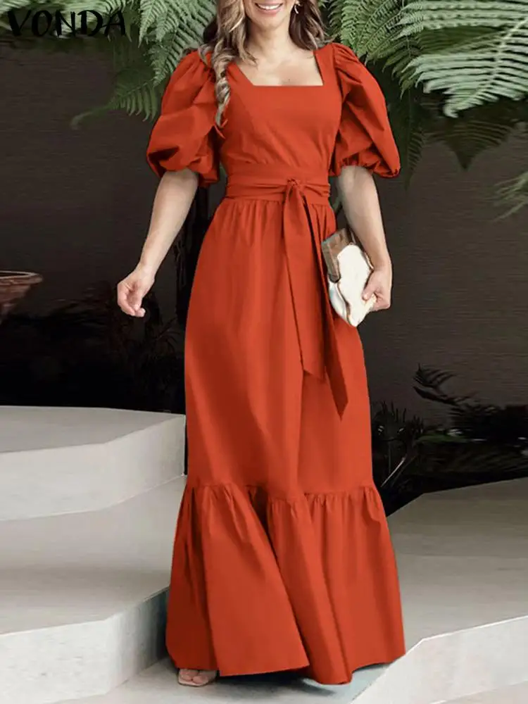 Top Trends: Summer Shirt Dress 2023 VONDA Elegant Ruffled Maxi Sundress Women Bohemian Square Collar Short Sleeve Vestido Casual Maxi Robe Shoppable Styles