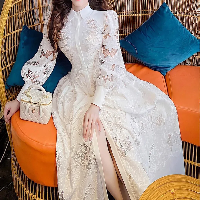 Top Trends: 2023 New In Spring / Autumn Lace Long Women Evening Dress Hollow Embroidery Formal Party Dress Prom Dress Puff Sleeve Niche Design Shoppable Styles