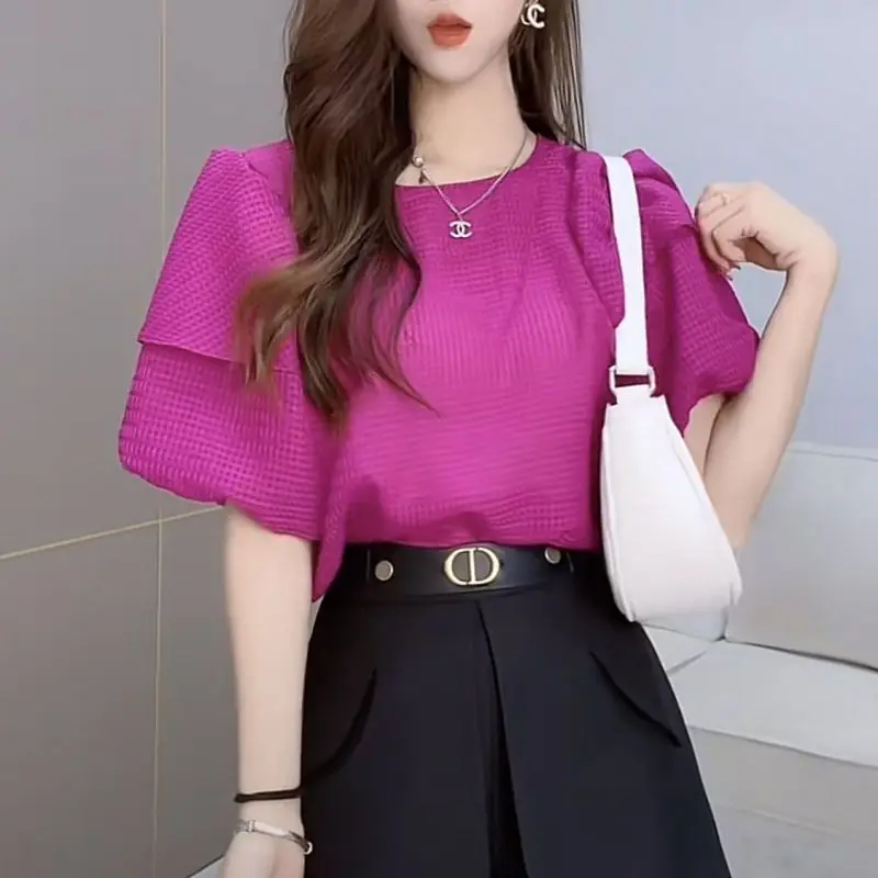 Top Trends: Stylish Solid Color Spliced Folds Puff Sleeve Blouse Women's Clothing 2023 Spring New Casual Pullovers Loose Office Lady Shirt Shoppable Styles - Image 4