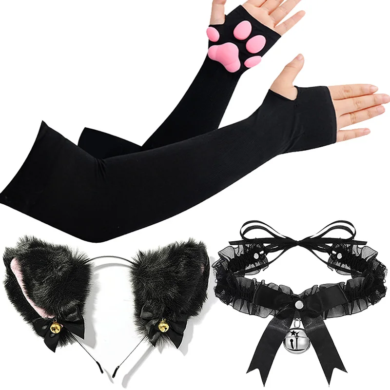 Top Trends: Lovely Cat Ear Hair Wear Claw Gloves Girls Anime Cosplay Costume Plush Cat Fur Ear Hairband Bell Choker Set Night Party Club Shoppable Styles