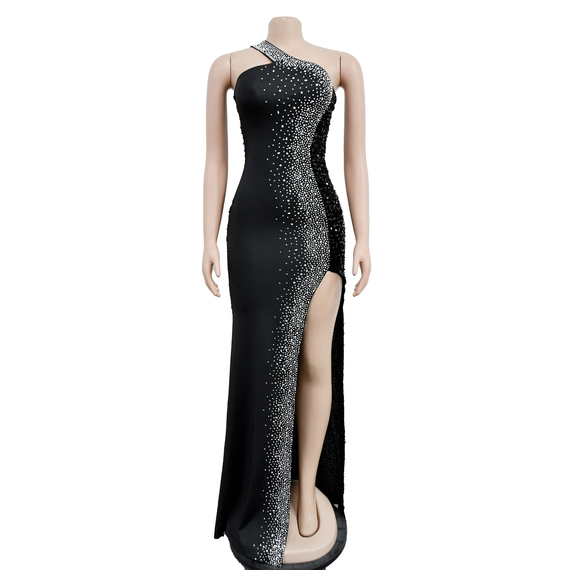 Top Trends: Clothing 2023 Summer Women Diamonds Hot Rhinestone Sequined Skew Neck High Side Slit Bodycon Midi Party Evening Maxi Long Dress Shoppable Styles - Image 5