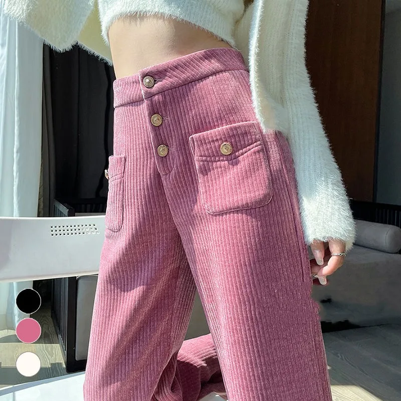 Top Trends: Spring, Autumn And Winter Women's High Waist Buckle Solid Pocket Stripes Shirring Loose Wide Leg Pants Fashion Casual Pants Shoppable Styles