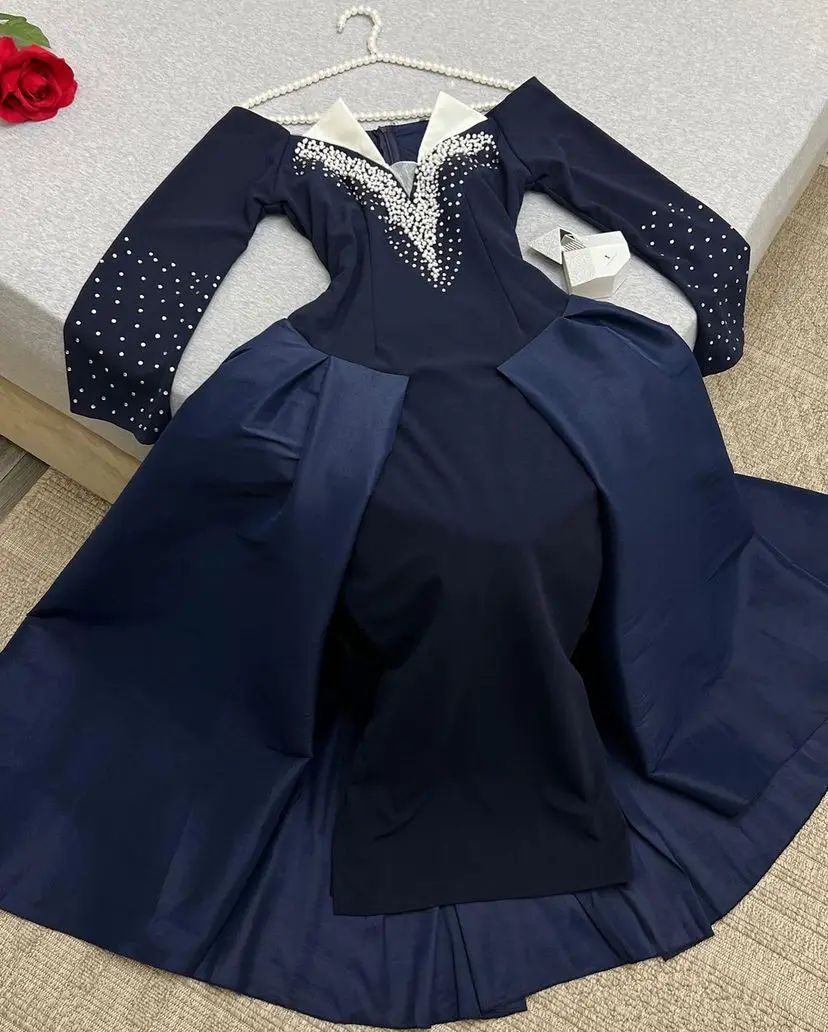 Top Trends: Navy Mermaid Long Sleeves Prom Dresses Formal Women Evening Gowns Pearls V Neck Floor Length Party Dresses Back Zipper Shoppable Styles - Image 6