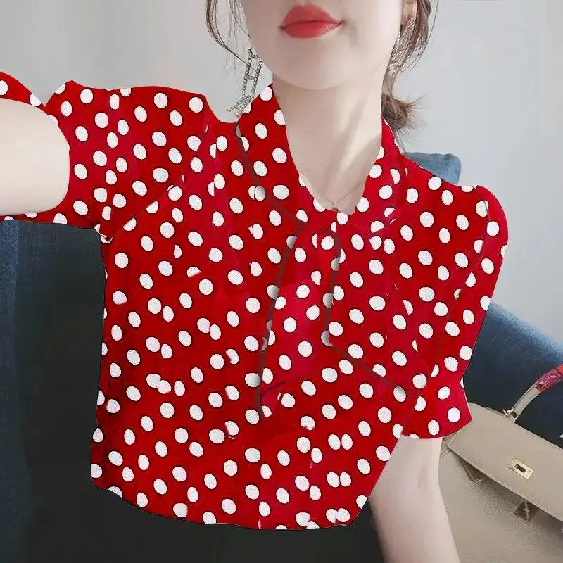 Top Trends: Fashion Printed Polka Dot Drawstring Bow Oversized Chiffon Shirt Summer Casual Pullovers Sweet Women&#039;s Clothing Commute Blouse Shoppable Styles