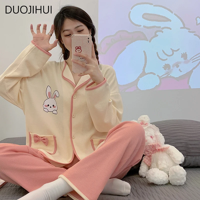 Top Trends: DUOJIHUI Sweet Two Piece Casual Home Pajamas For Women Spring Chicly Cardigan Basic Pant Fashion Spell Color Female Pajamas Sets Shoppable Styles