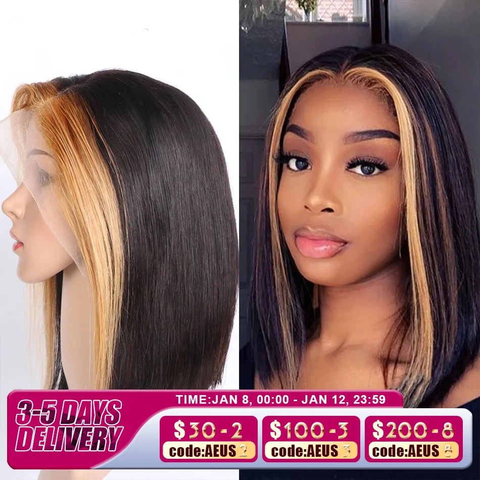 Top Trends: Highlight Colored T Part Lace Bob Wig Pre Plucked Peruvian Remy Straight Human Hair Wigs For Women Ombre Short Bob Wig Superlook Shoppable Styles