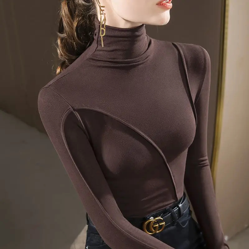 Top Trends: Female Commute Solid Color Simplicity Turtleneck T-shirt Fashion Spring Autumn Women&#039;s Clothing All-match Slim Long Sleeve Tops Shoppable Styles