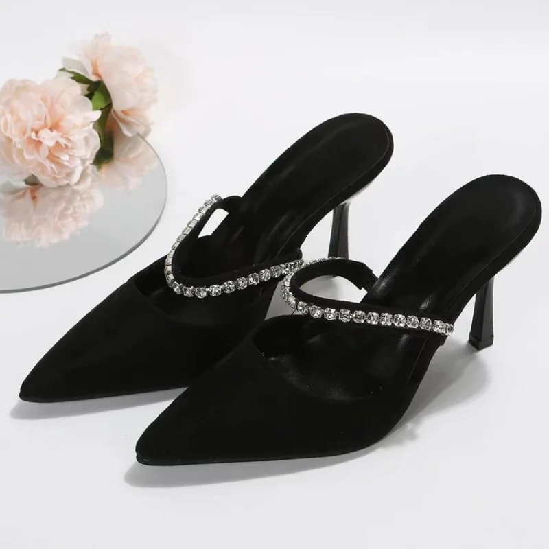 Top Trends: Black High-heeled Shoes Women&#039;s 2022 Spring New Women&#039;s Shoes Stiletto Pointed Toe Pumps Satin Rhinestone Glitter Mules Pumps Shoppable Styles