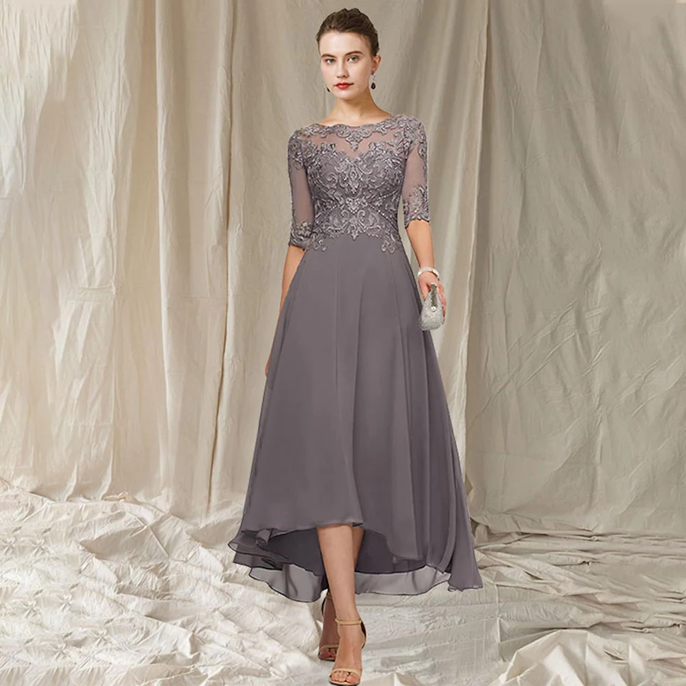 Top Trends: Mother Of The Bride Dress Elegant A Line Asymmetrical Lace Wedding Guest Gowns For Women Scoop 3 / 4 Sleeves Applique Party Dress Shoppable Styles