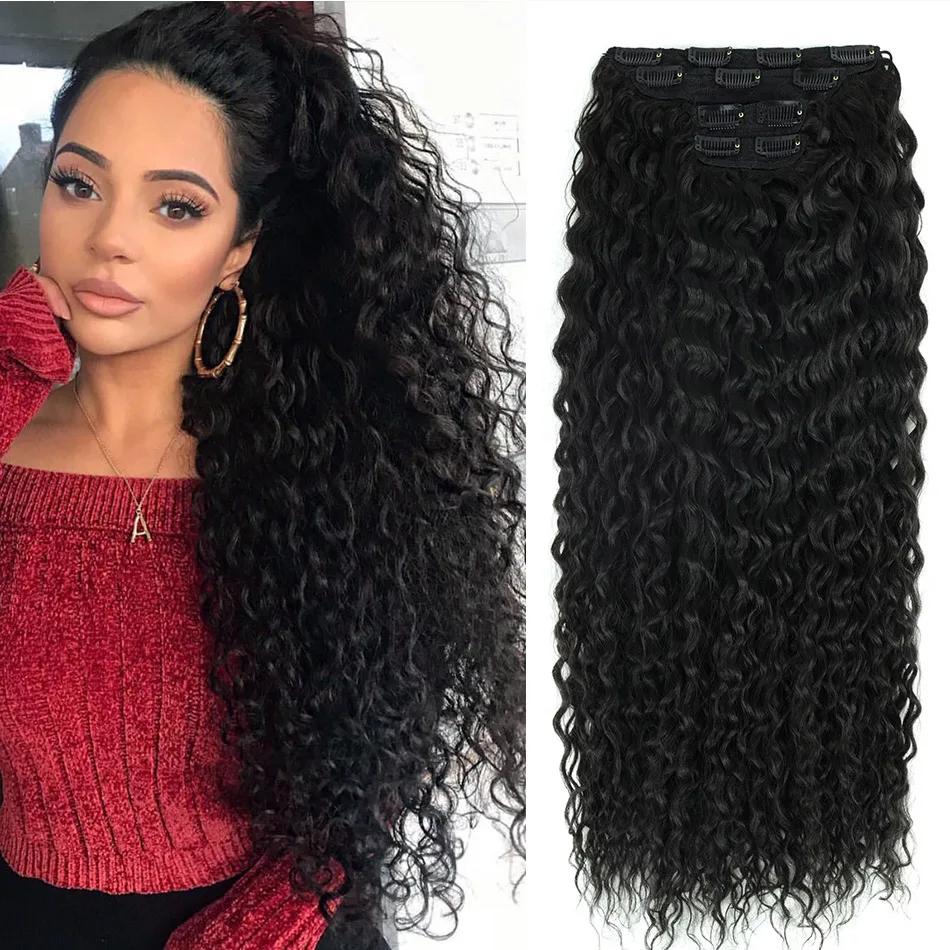 Top Trends: Synthetic Clip In Fitting Extension Full Head Long Kinky Curly Wig Fake False Hair Pieces Clip-on Black Brown Hairpin For Women Shoppable Styles