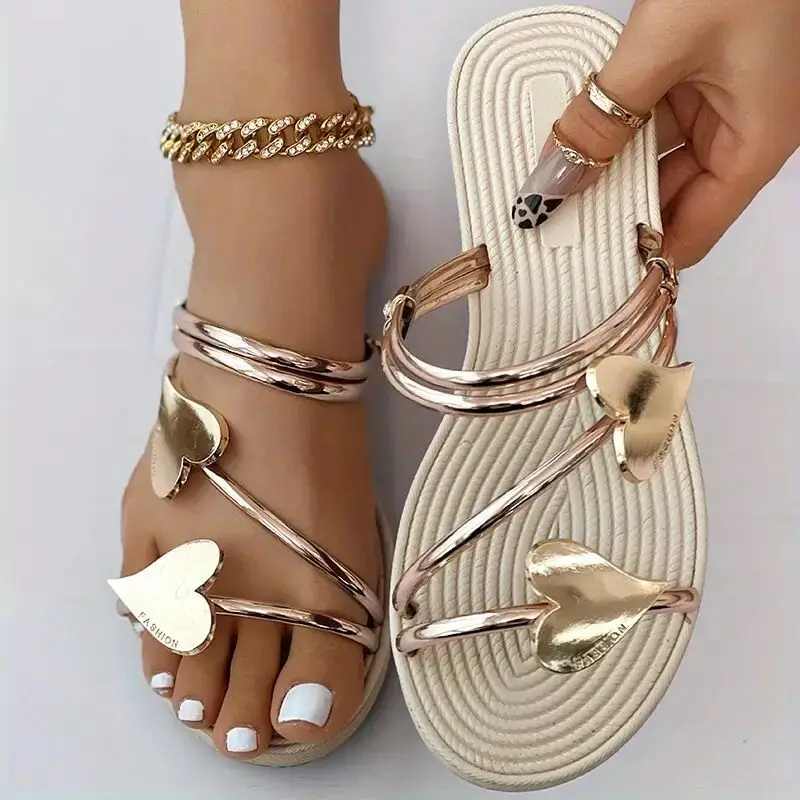 Top Trends: Elegant Women&#039;s Heart Flat Sandals Open Toe Woman Slippers Non Slip Shoes Outdoor Beach Slides Women Sandals Summer 2023 Size 43 Shoppable Styles