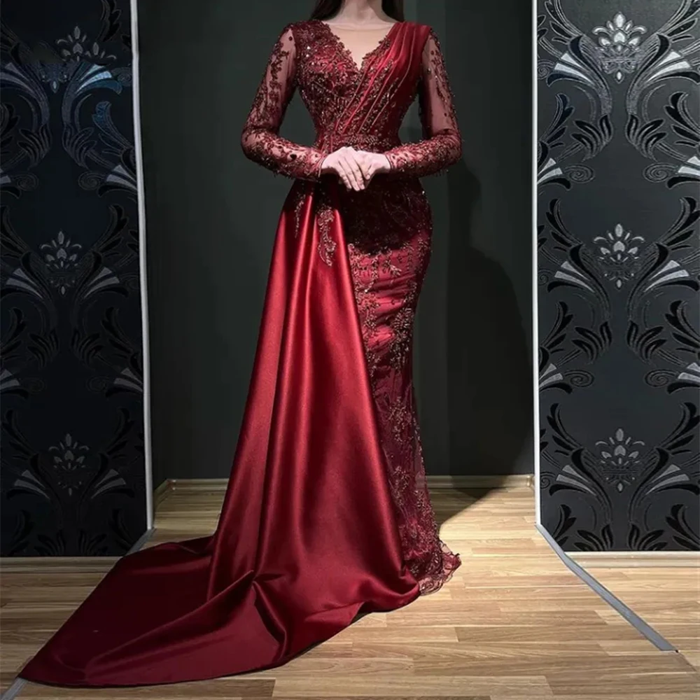 Top Trends: Wine Red Women's Elegant Evening Dresses Lace Applique Satin Sexy V-Neck Long Sleeve Princess Prom Formal Beach Party Gowns Robe Shoppable Styles