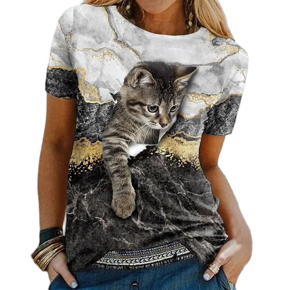 Top Trends: Fashion Women's T-shirts 3D Kawaii Cat Printed Short Sleeve Trend Tees Casual O-neck Funny Tops Female Oversized Loose Clothing Shoppable Styles