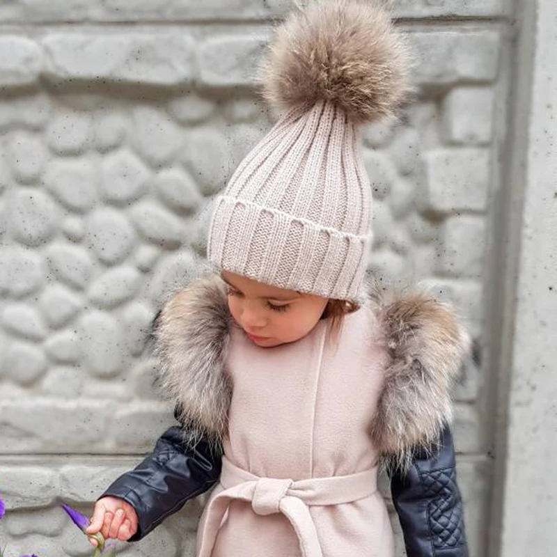 Top Trends: Big Fur Pom Pom Beanie Hat Parent Kids Warm Knitted Winter Hats Baby Girls Boys Real Raccoon Fur Pompom Beanies Cap Shoppable Styles