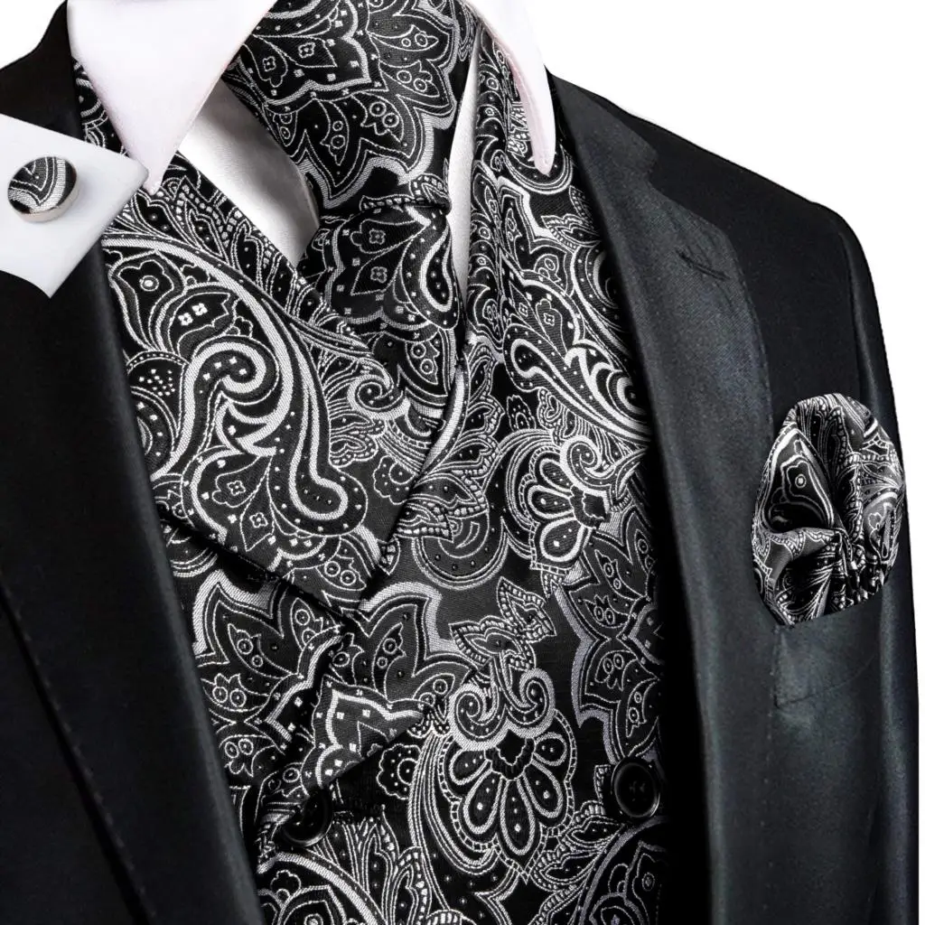 Top Trends: Hi-Tie Black White Floral Silk Mens Vest Tie Set Jacquard Flat Collar Waistcoat Sleeveless Jacket Necktie Hanky Cufflinks Gift Shoppable Styles